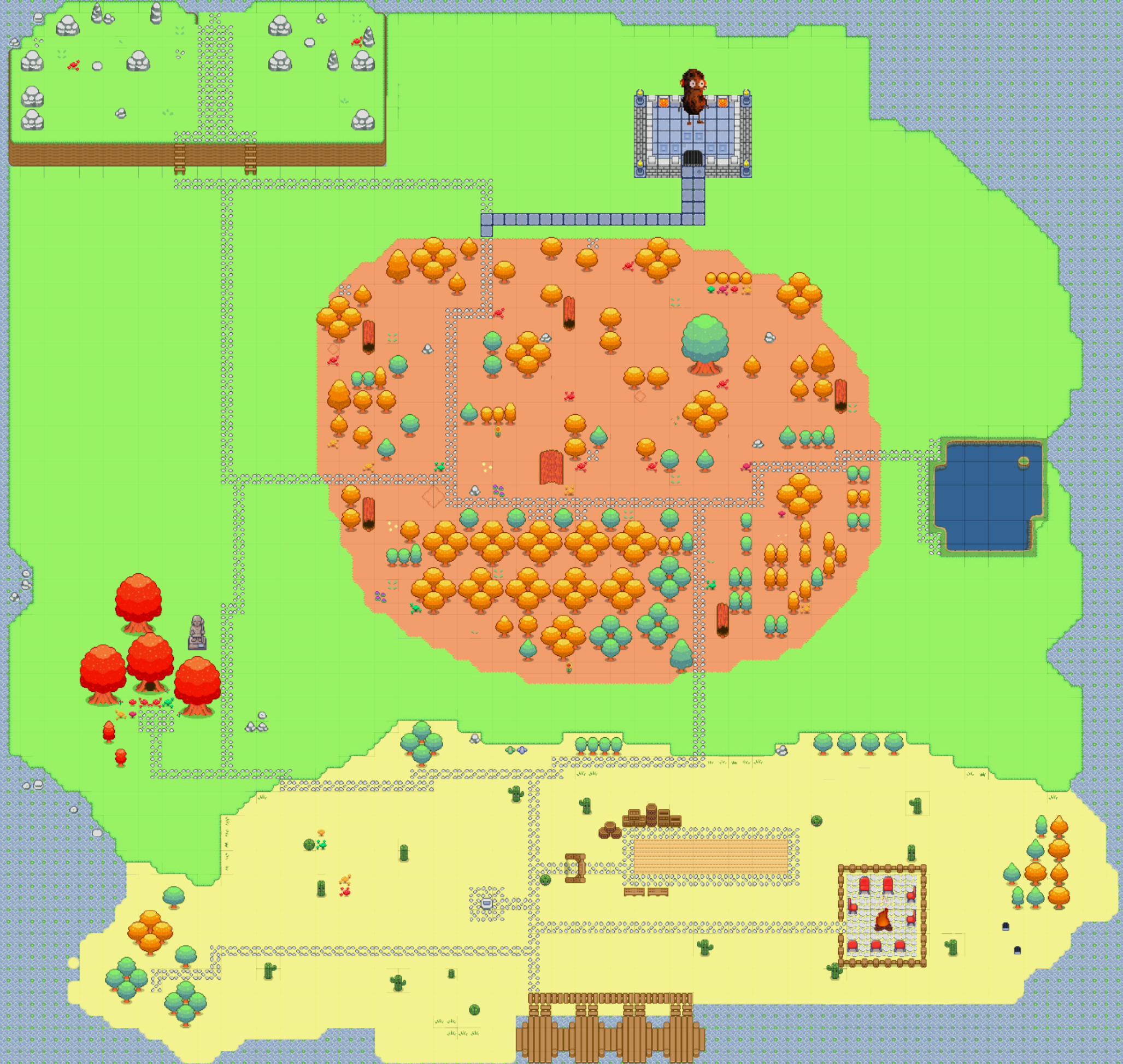 The full island map — rocky hills, autumn forest, lake, altar, and the southern beach with the dock